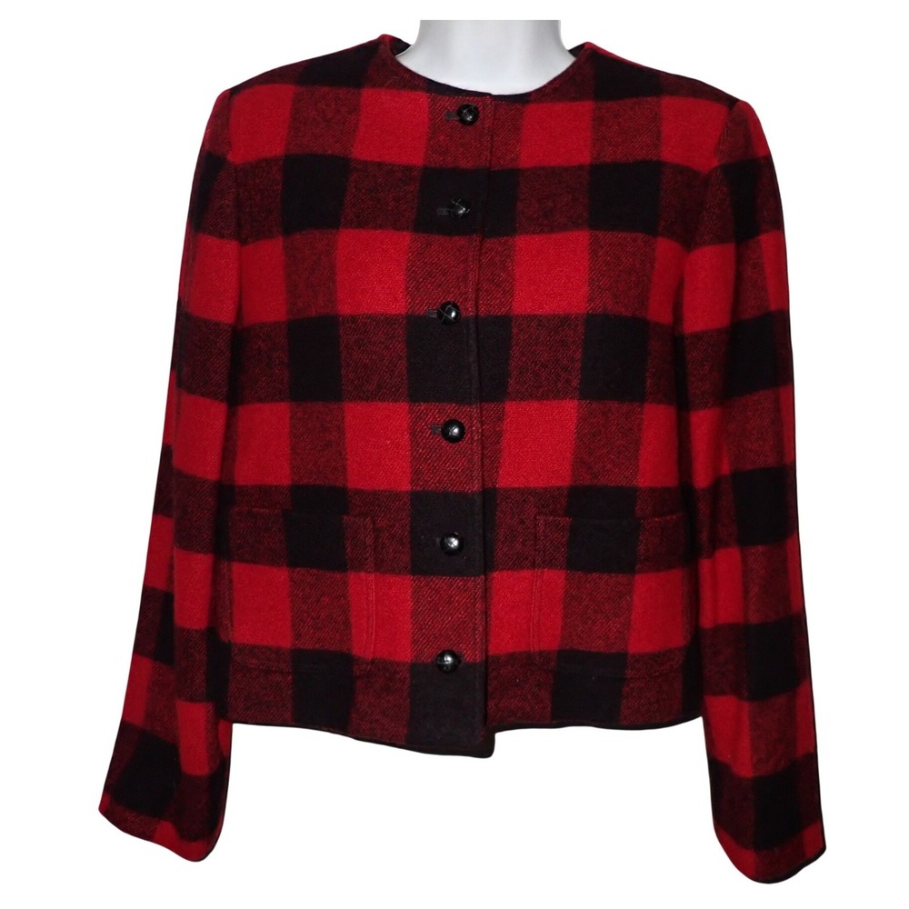 Sports Galore Women Buffalo Plaid Red Black Button Front Wool Jacket S Vintage
